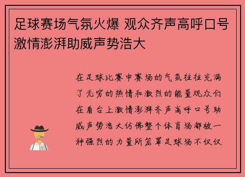 足球赛场气氛火爆 观众齐声高呼口号激情澎湃助威声势浩大