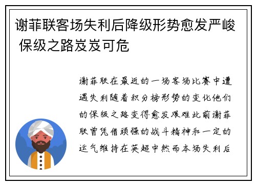 谢菲联客场失利后降级形势愈发严峻 保级之路岌岌可危