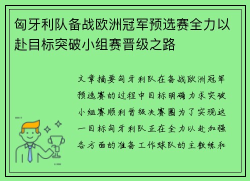匈牙利队备战欧洲冠军预选赛全力以赴目标突破小组赛晋级之路