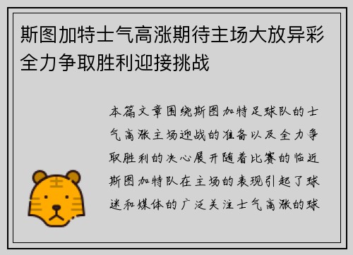 斯图加特士气高涨期待主场大放异彩全力争取胜利迎接挑战